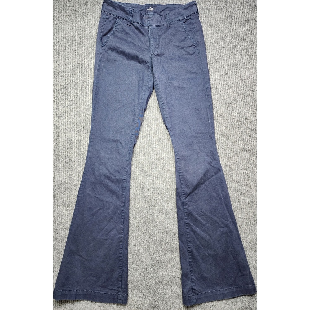 American Eagle Boho Artist Flare Pants Navy Blue Stretch Chino Size 4 Long